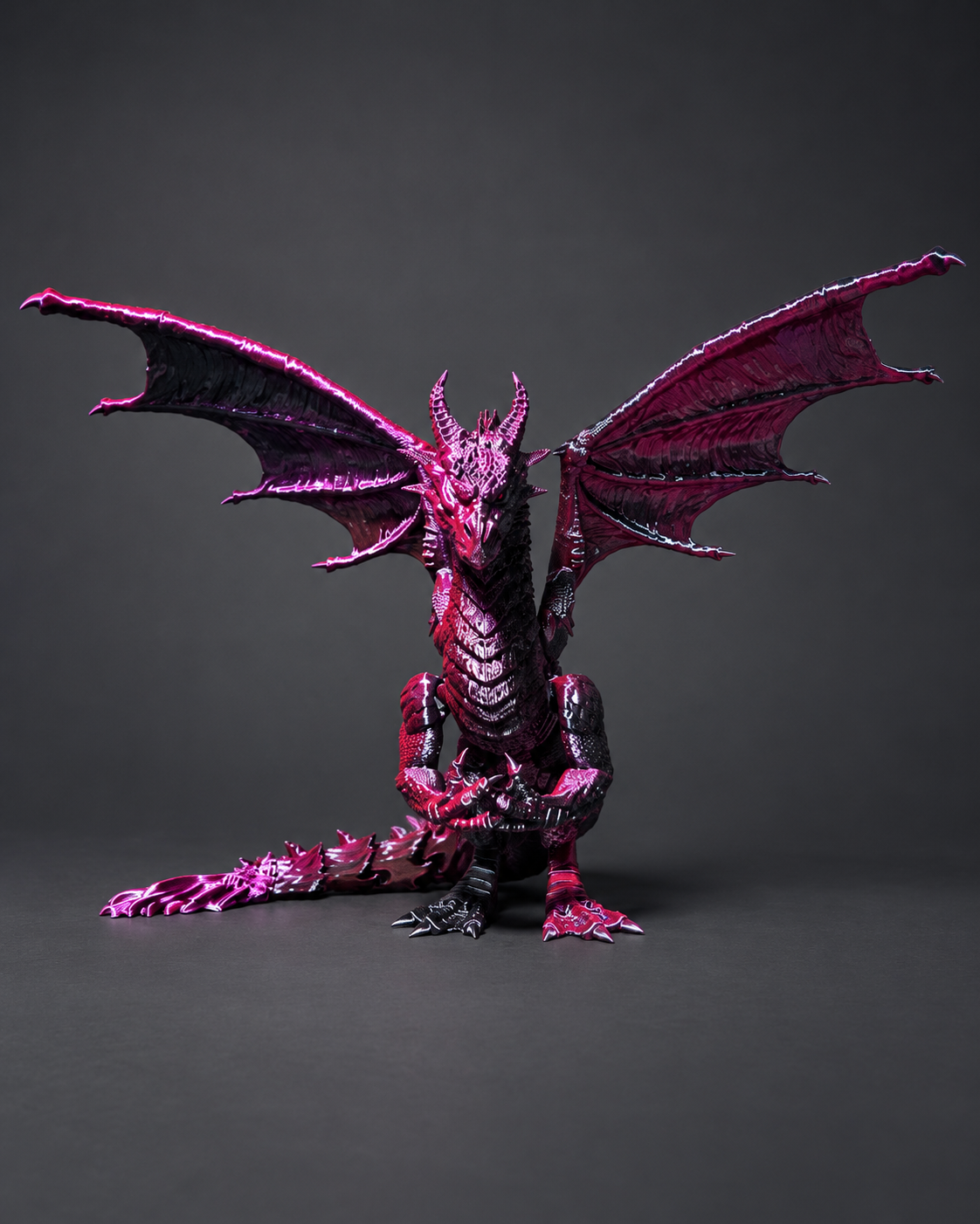 Dragão impresso em 3D em magenta e preto metálico, de asas abertas, sobre fundo grafite.