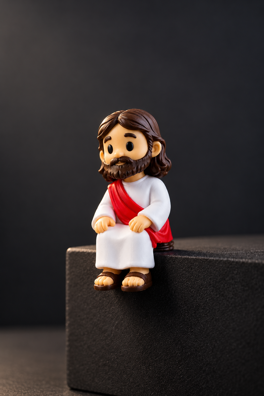 Miniatura de Jesus estilo chibi impressa em 3D, sentada na borda de um bloco preto.